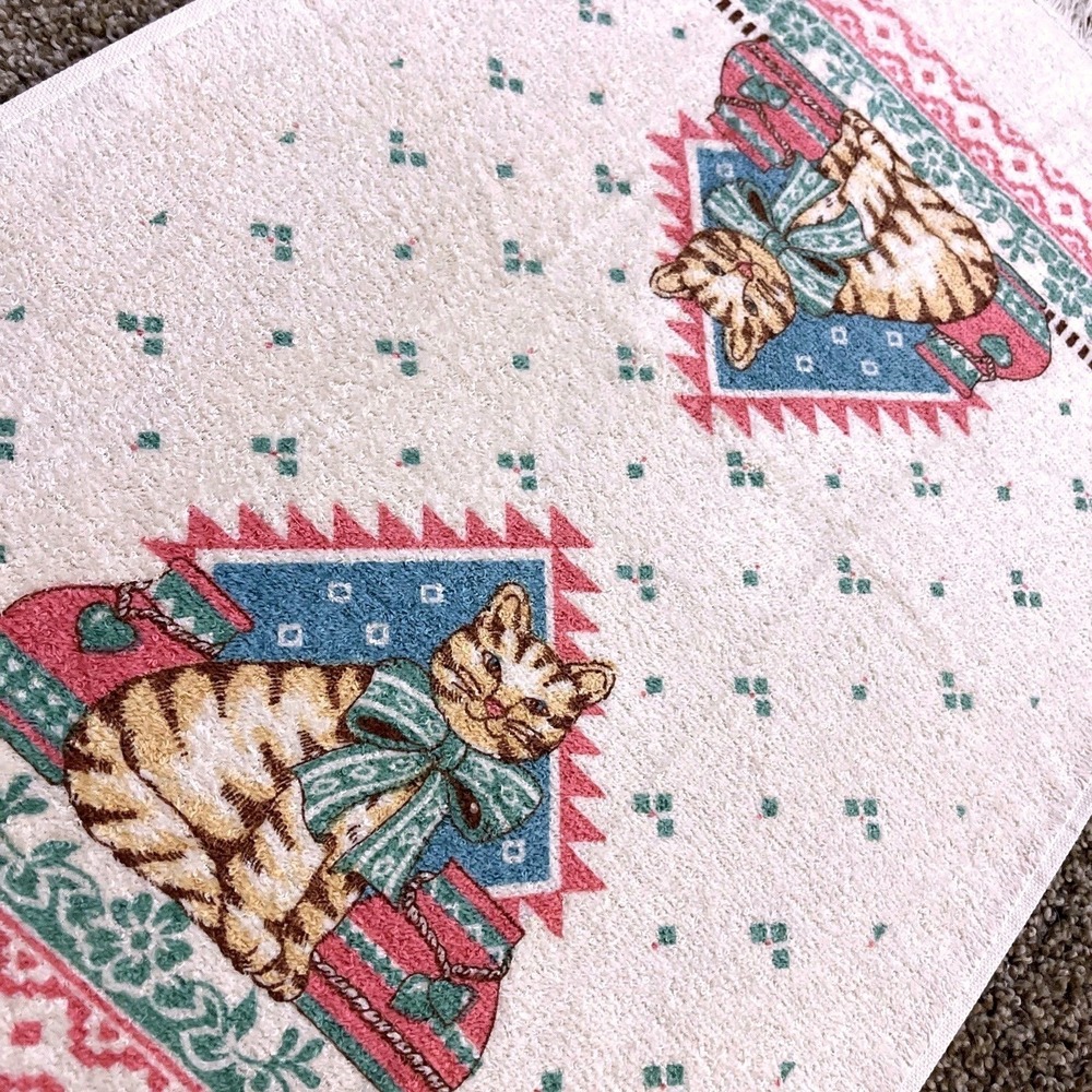VTG CANNON Hand Kitchen Towel Fringe‎ 70s NOS Cat Heart Pottery Teal Pink Bow